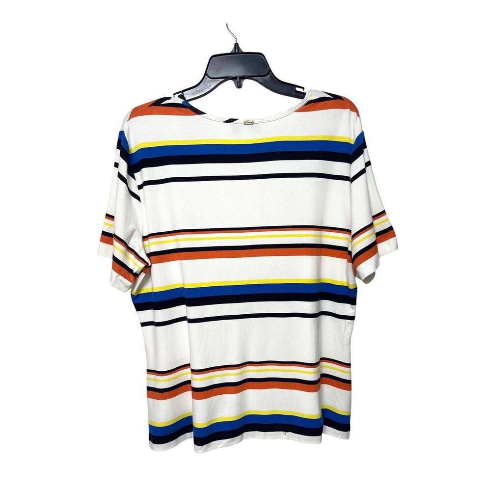 St. John Sport Womens XL Multi Color Striped Short Sleeve Rayon Knit Top White - Picture 2 of 7